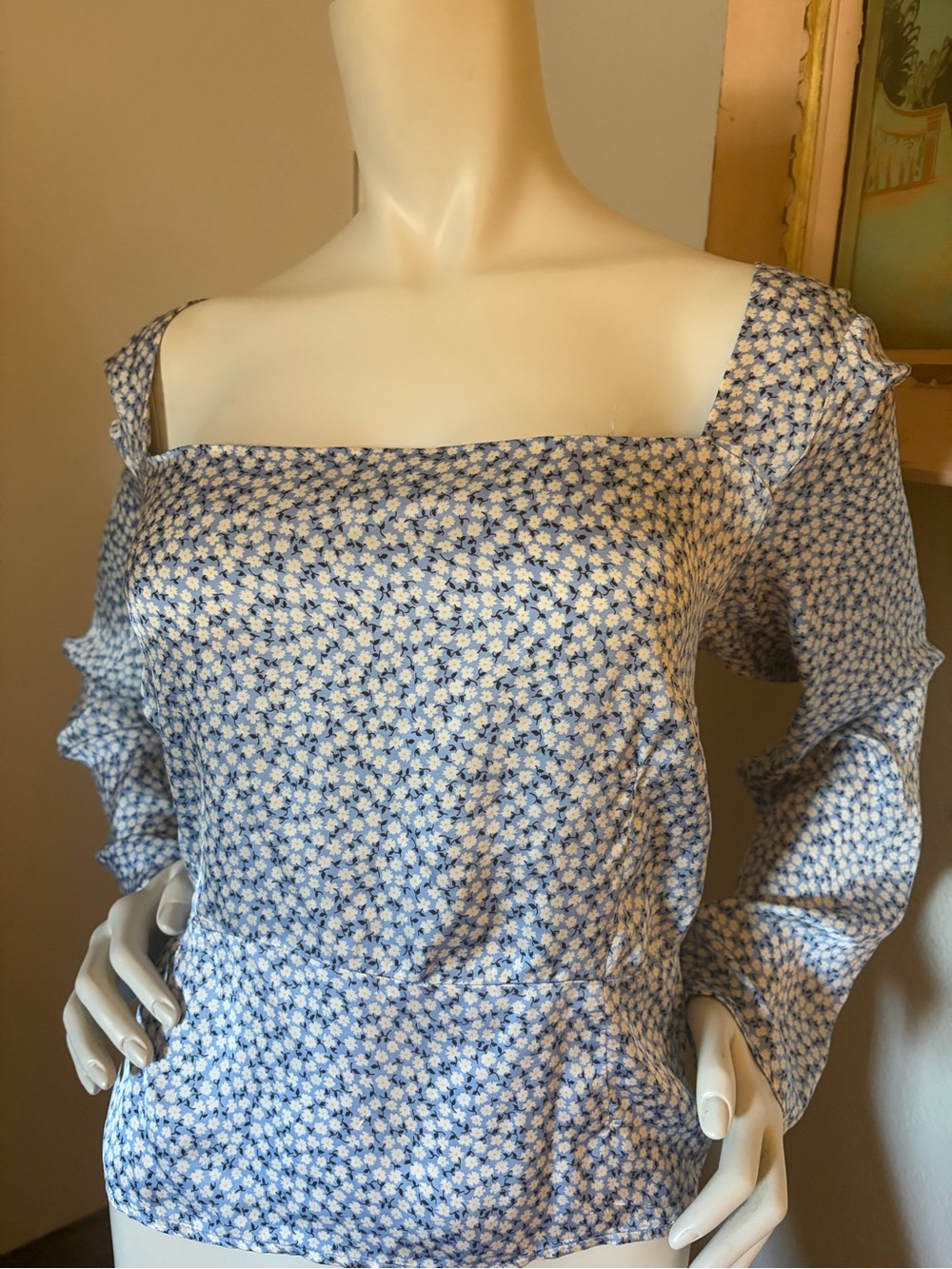 H&M Blue Floral Square Neck Long Sleeve Blouse Top XL Cottagecore
